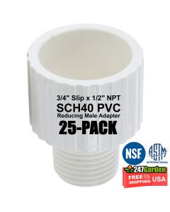 25-Pk 3/4 x 1/2 in. SCH-40 PVC Reducing Male Adapters NPT to Socket Pipe Fitting NSF, UPC, ANSI, ASTM D2466 3/4" Slip x 1/2" MNPT